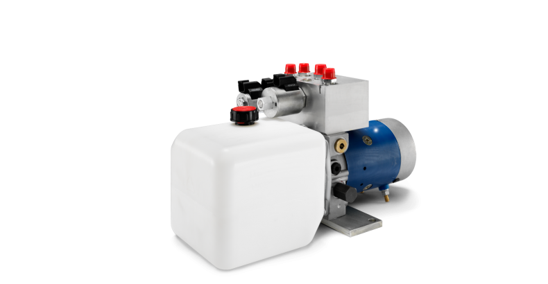 Kompaktes Hydraulikaggregat mit DC-Motor (Gleichstrom) für mobile Anwendungen. Hydraulikpumpe als Kompaktaggregat mit Zwischenflansch.