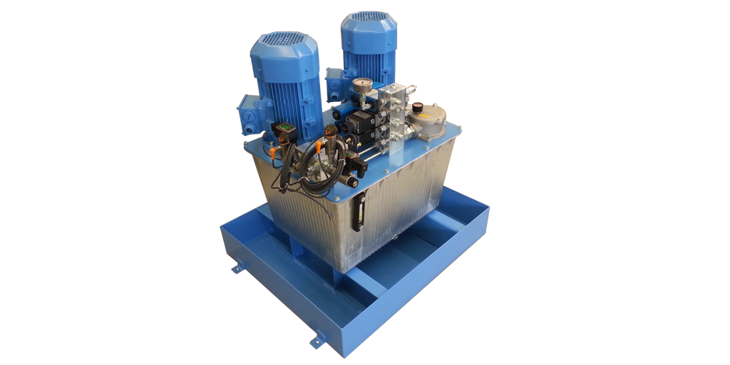 Hydraulikaggregat in konventioneller Ausführung mit Alubehälter in Ölwanne. Versorgung von zwei Hydraulikzylinder mit Doppel-Motor-Pumpen Gruppe.