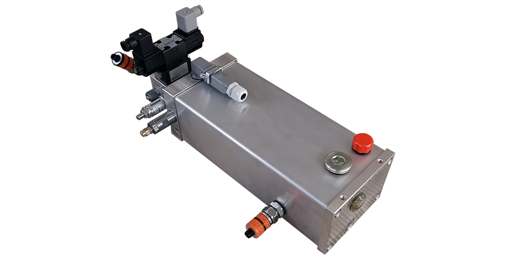 Kompaktes Hydraulikaggregat aus der ZPU20 Serie für die Klemmung eines Rundtisches. Kompaktaggregat mit Klemmfunktion und zum Spannen.